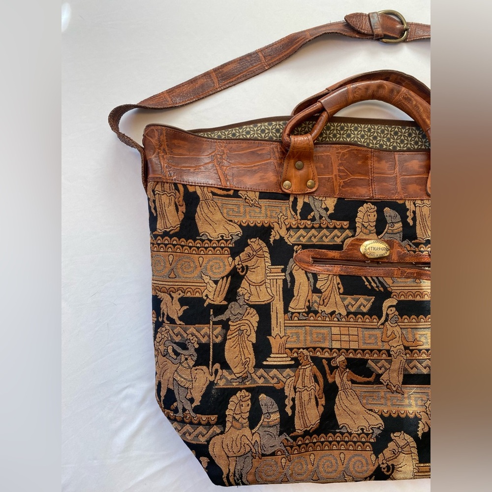 Woven Tapestry Shoulder Bag with Brown Leather Trim - Picture 4 of 16